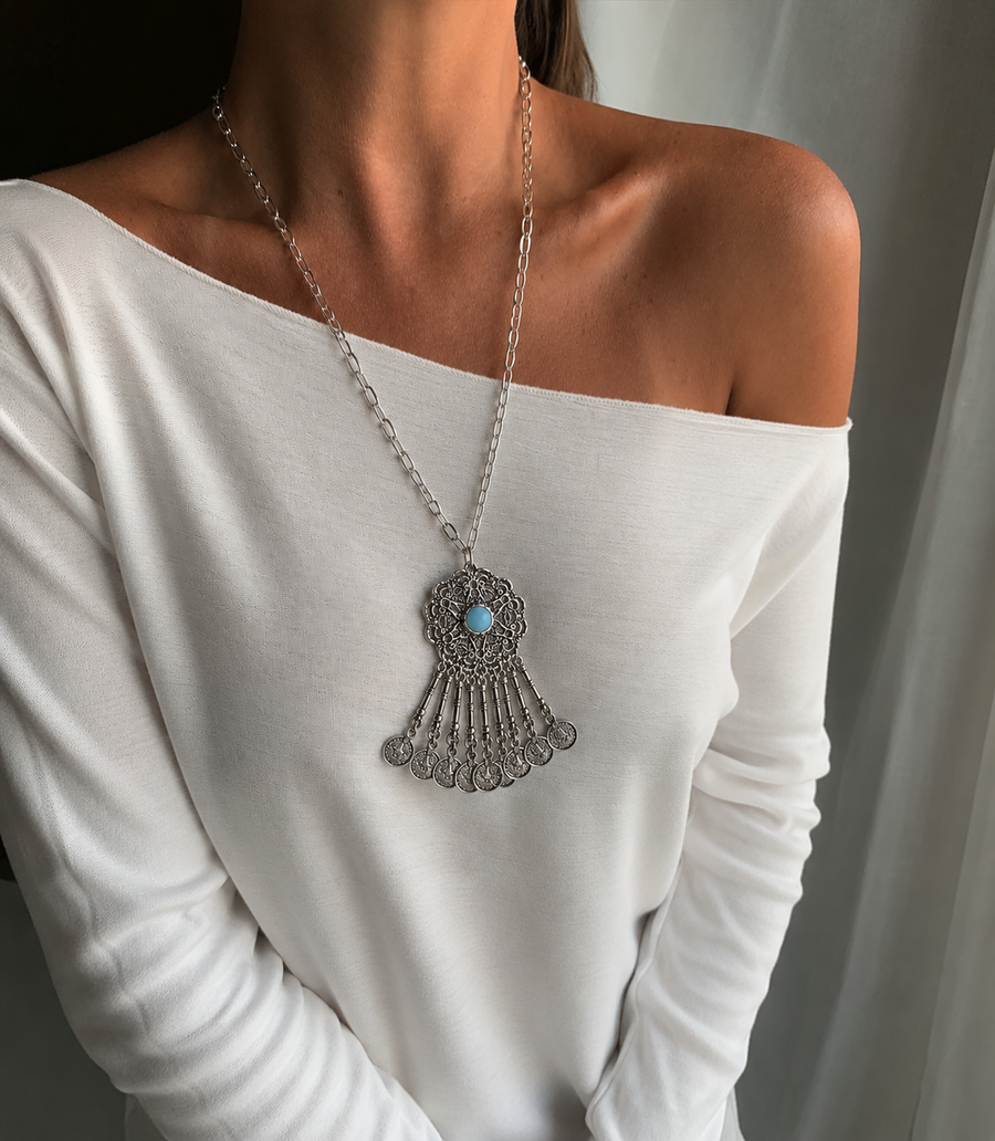 Zamak Turkuaz Detaylı Kolye-RS26395