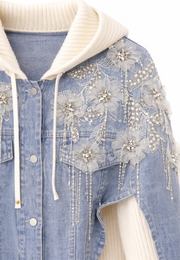 Triko Kapşonlu El İşlemeli Kot Ceket