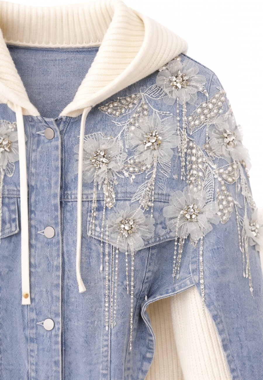 Triko Kapşonlu El İşlemeli Kot Ceket