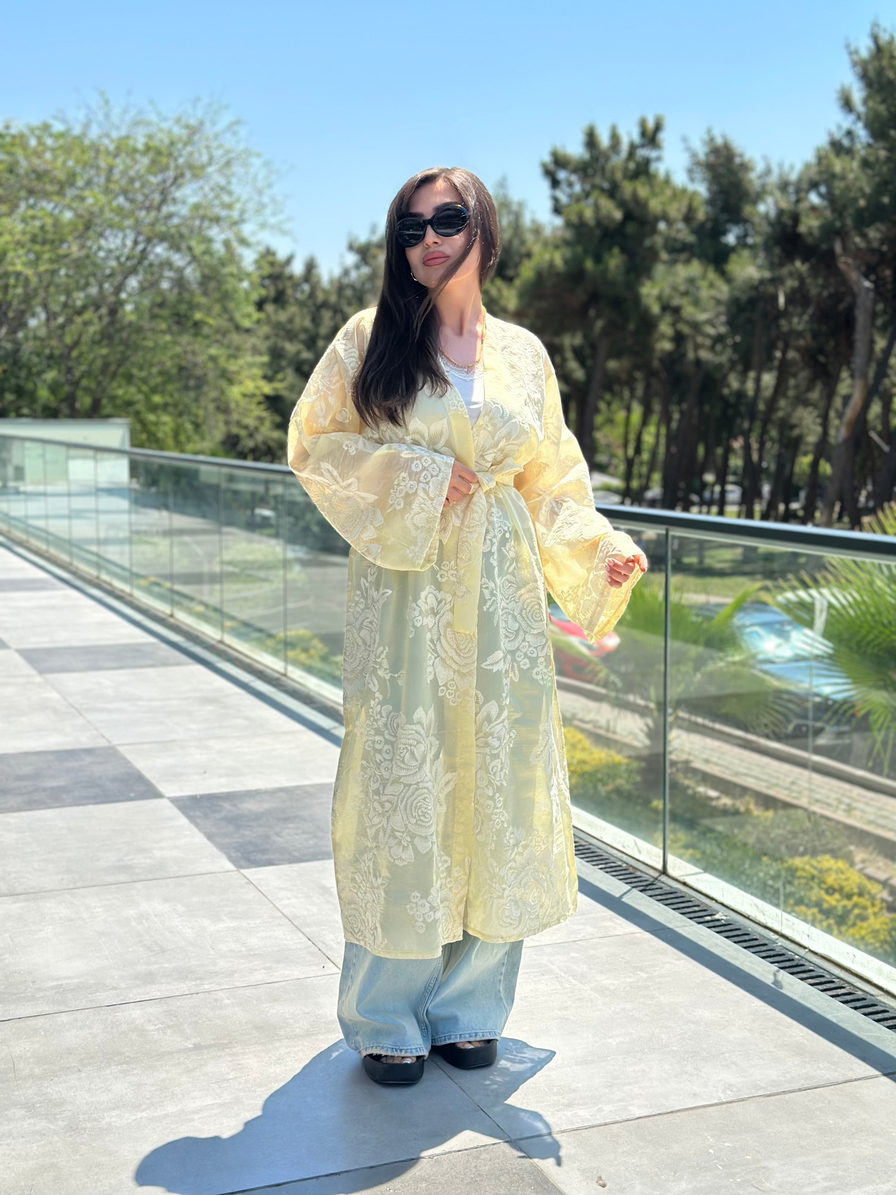 Whisper Dantel Çiçek Desenli Kuşaklı Kimono Sarı-RS0545