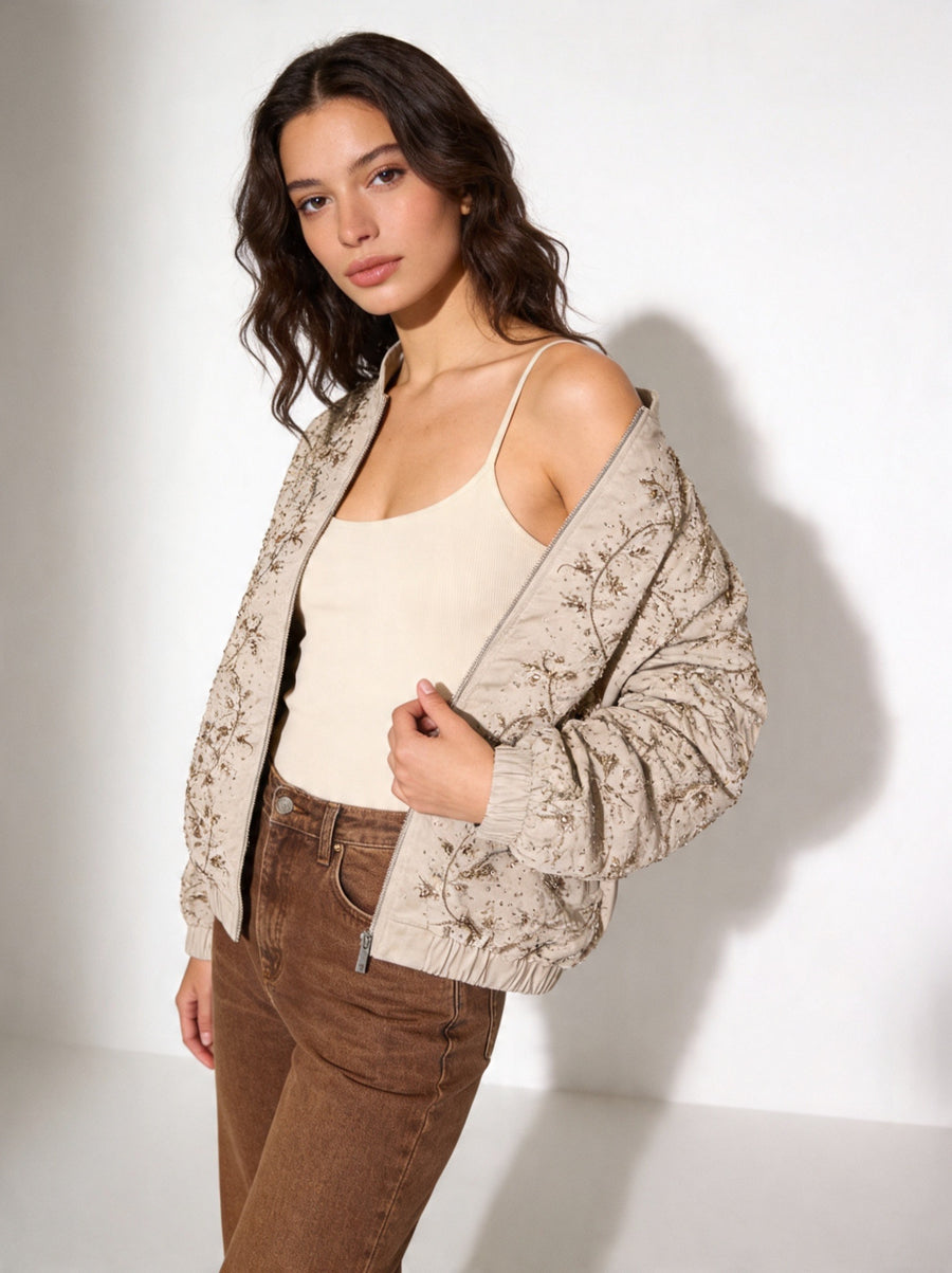 Royal Night Taşlı Bomber Krem