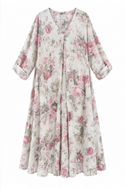 V Yaka Desenli Ham Keten Elbise Rs01636