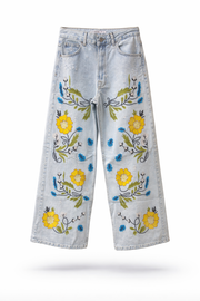 Kadın Ice 11s6-99 Palazzo Fit Özel Sarı Mavi Çiçek Desen Nakışlı Tasarım Denim Jean