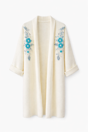 Uzun Çift Taraflı El İşlemeli Triko Hırka Beyaz