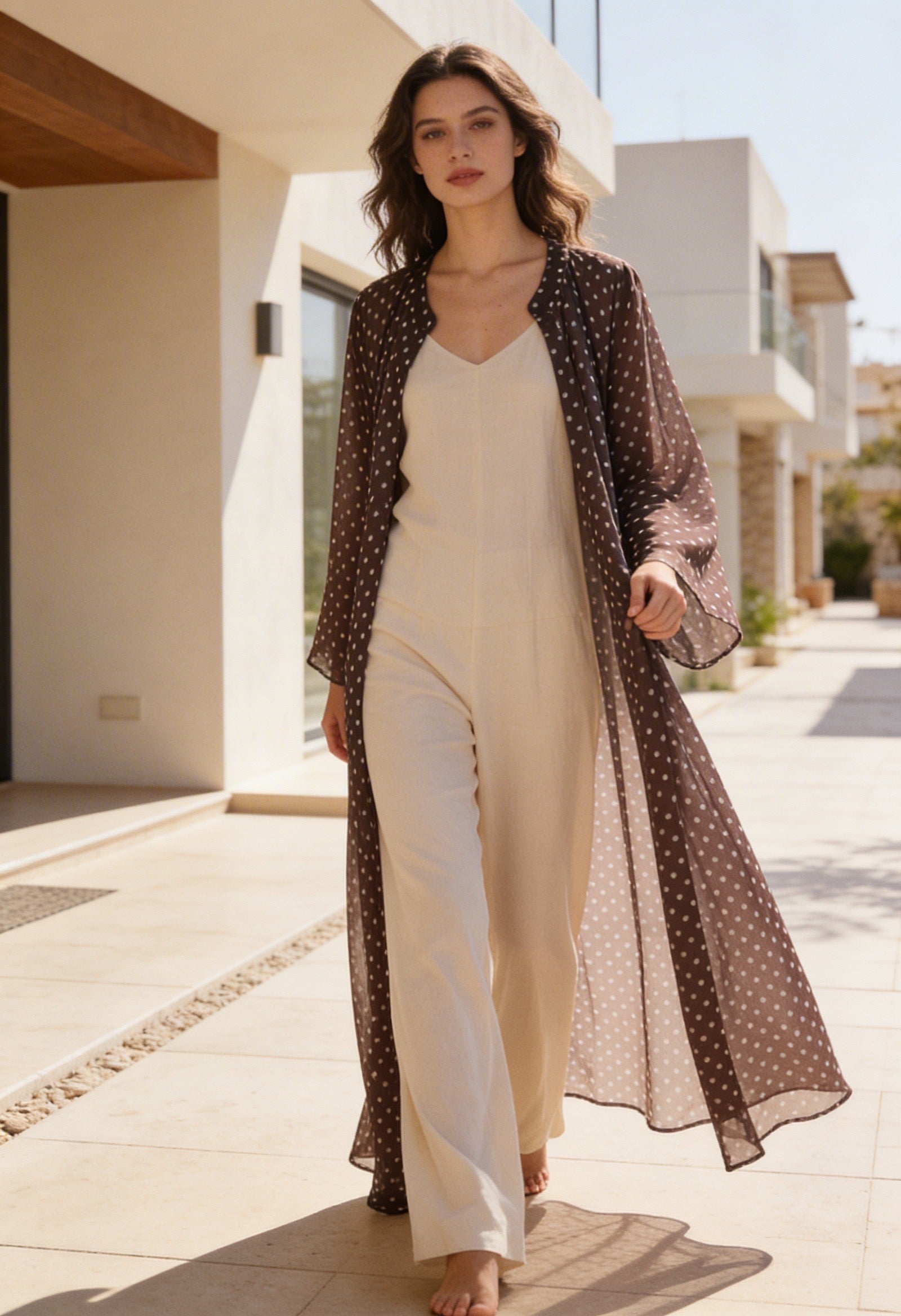 Bohem Paisley Uzun Kimono Kahve Puantiye