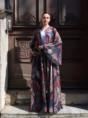 Bohem Paisley Uzun Kimono Şal Desen Mavi