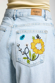 Kadın Ice 11s6-99 Palazzo Fit Özel Sarı Mavi Çiçek Desen Nakışlı Tasarım Denim Jean