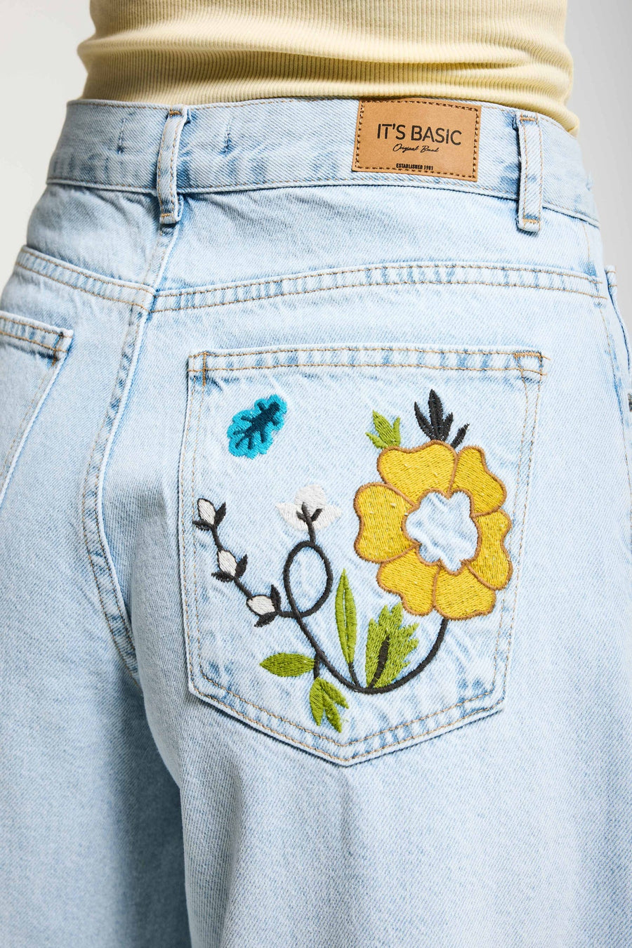 Kadın Ice 11s6-99 Palazzo Fit Özel Sarı Mavi Çiçek Desen Nakışlı Tasarım Denim Jean