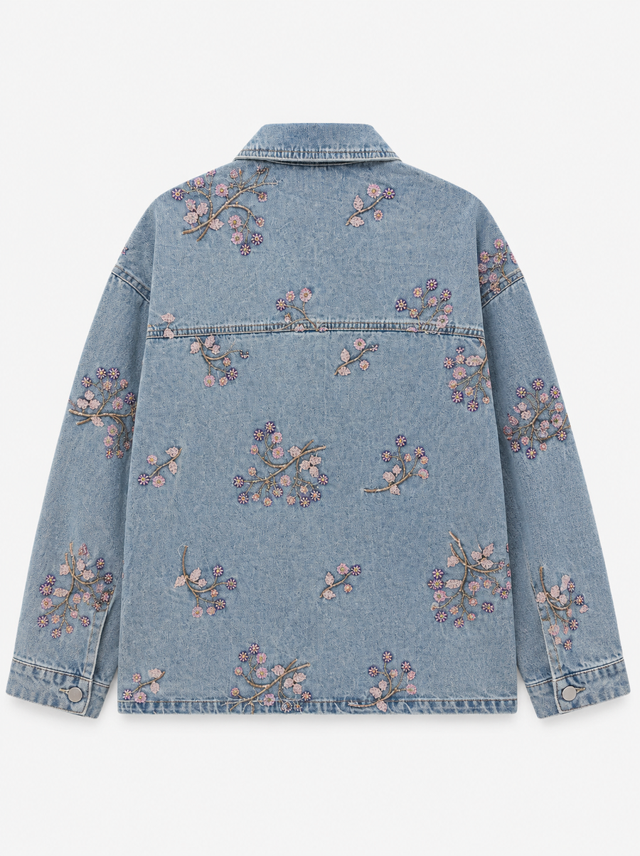Pembe Çiçek İşleme Denim Ceket