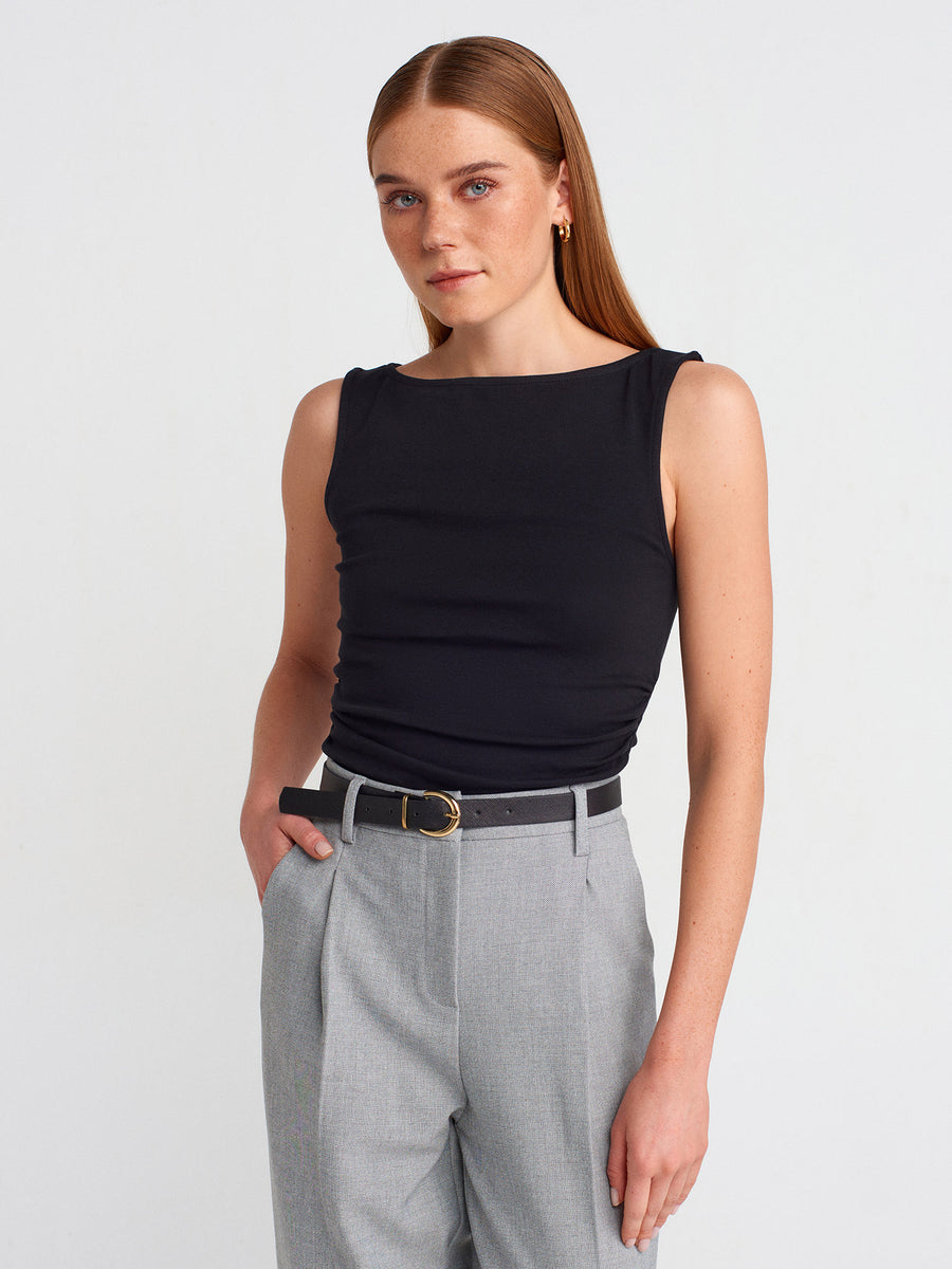 31589 Büzgülü Kayık Yaka Top-Siyah