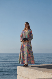 V Yaka Desenli Ham Keten Elbise Rs01640
