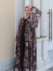 Bohem Paisley Uzun Kimono Şal Desen Kahve