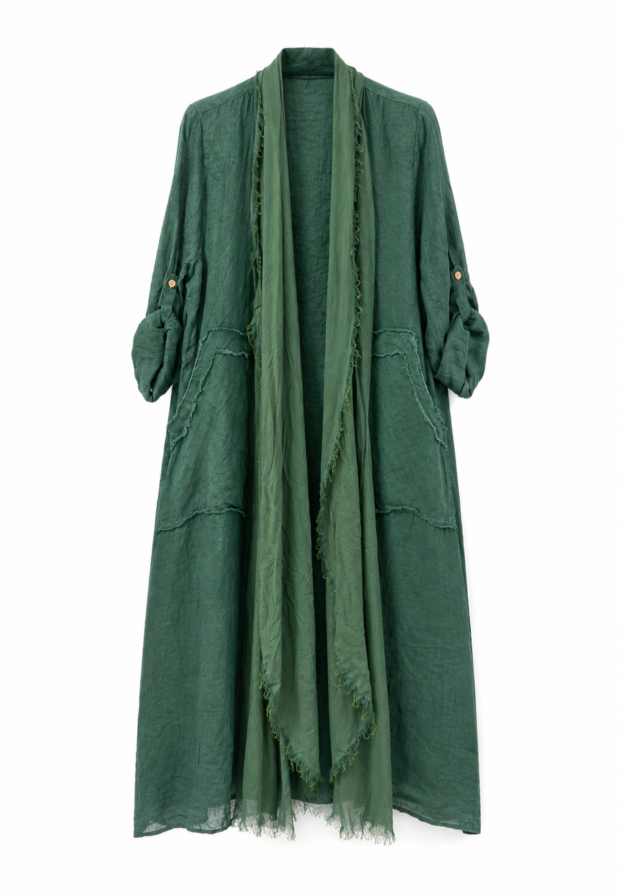 Saf Keten Uzun Kaftan Yeşil