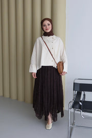 Asimetrik Uçları Dalgalı Kadife Detaylı Etek Kahve