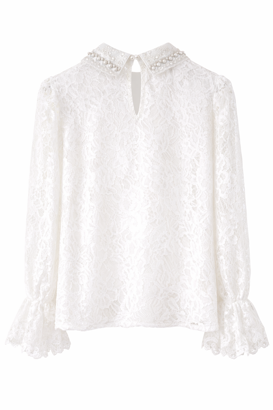 Zarif Güpür Detaylı Transparan Kollu Bluz-Beyaz