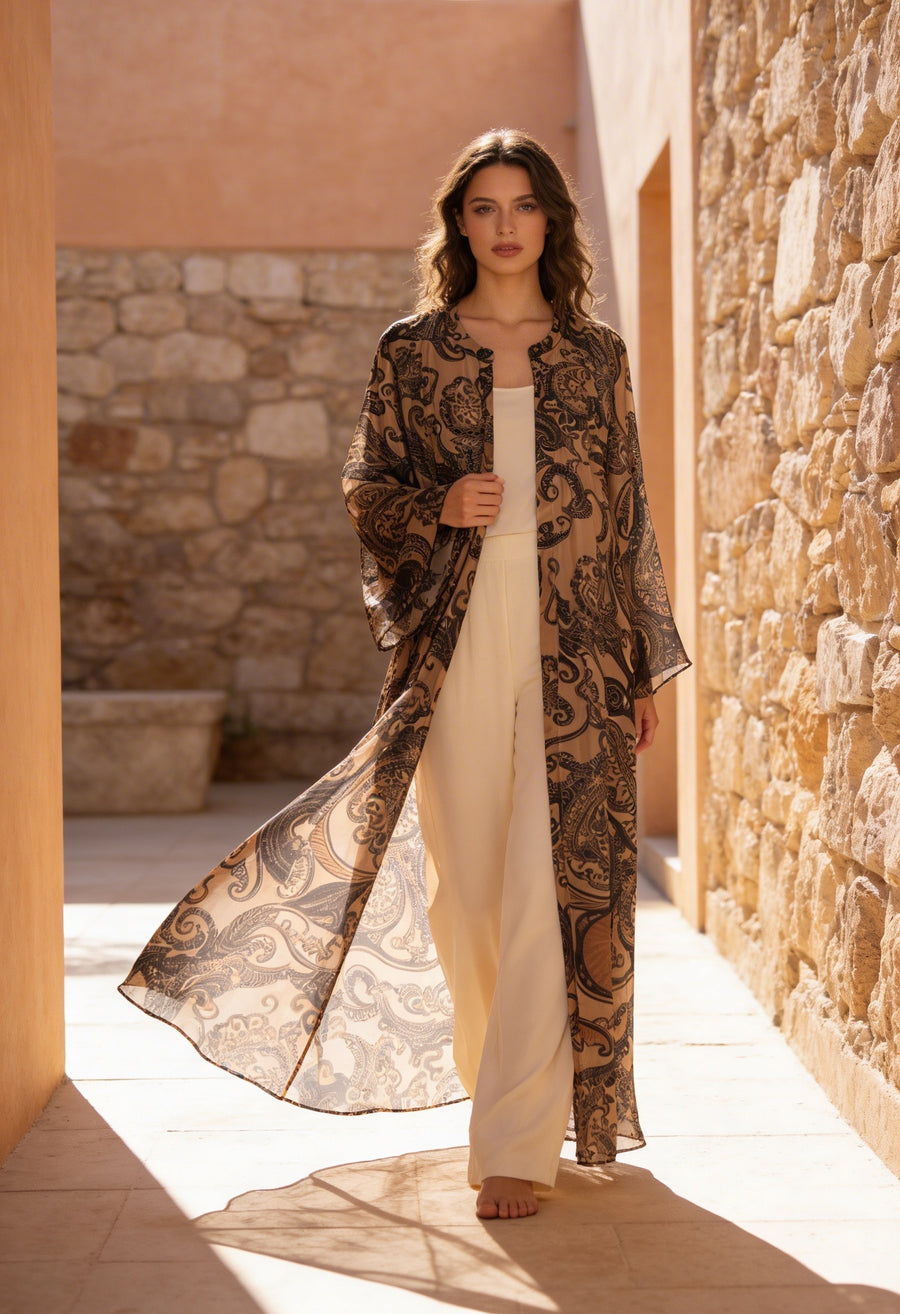 Bohem Paisley Uzun Kimono Kahve