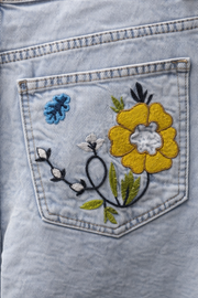 Kadın Ice 11s6-99 Palazzo Fit Özel Sarı Mavi Çiçek Desen Nakışlı Tasarım Denim Jean