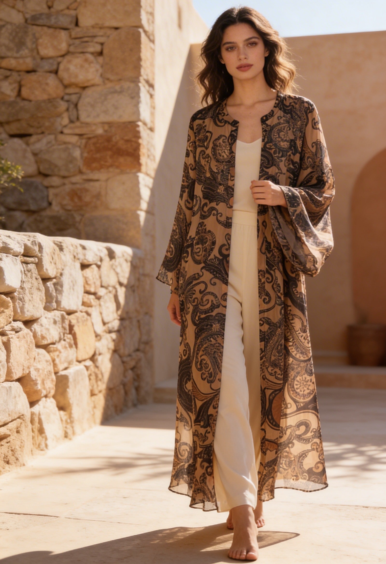 Bohem Paisley Uzun Kimono Kahve