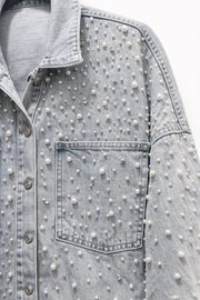 İnci İşlemeli Kot Ceket