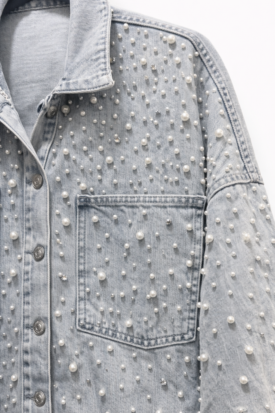 İnci İşlemeli Kot Ceket