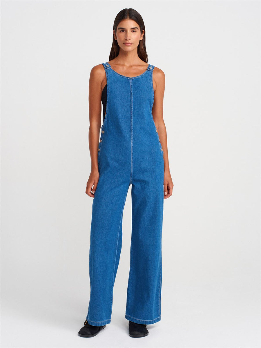 71809 %100 Pamuk İnce Kumaş Salaş Denim Tulum-Mavi