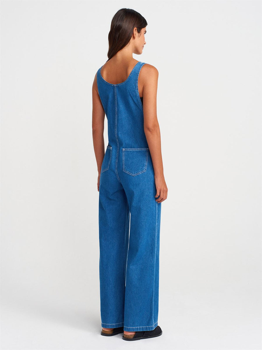 71809 %100 Pamuk İnce Kumaş Salaş Denim Tulum-Mavi