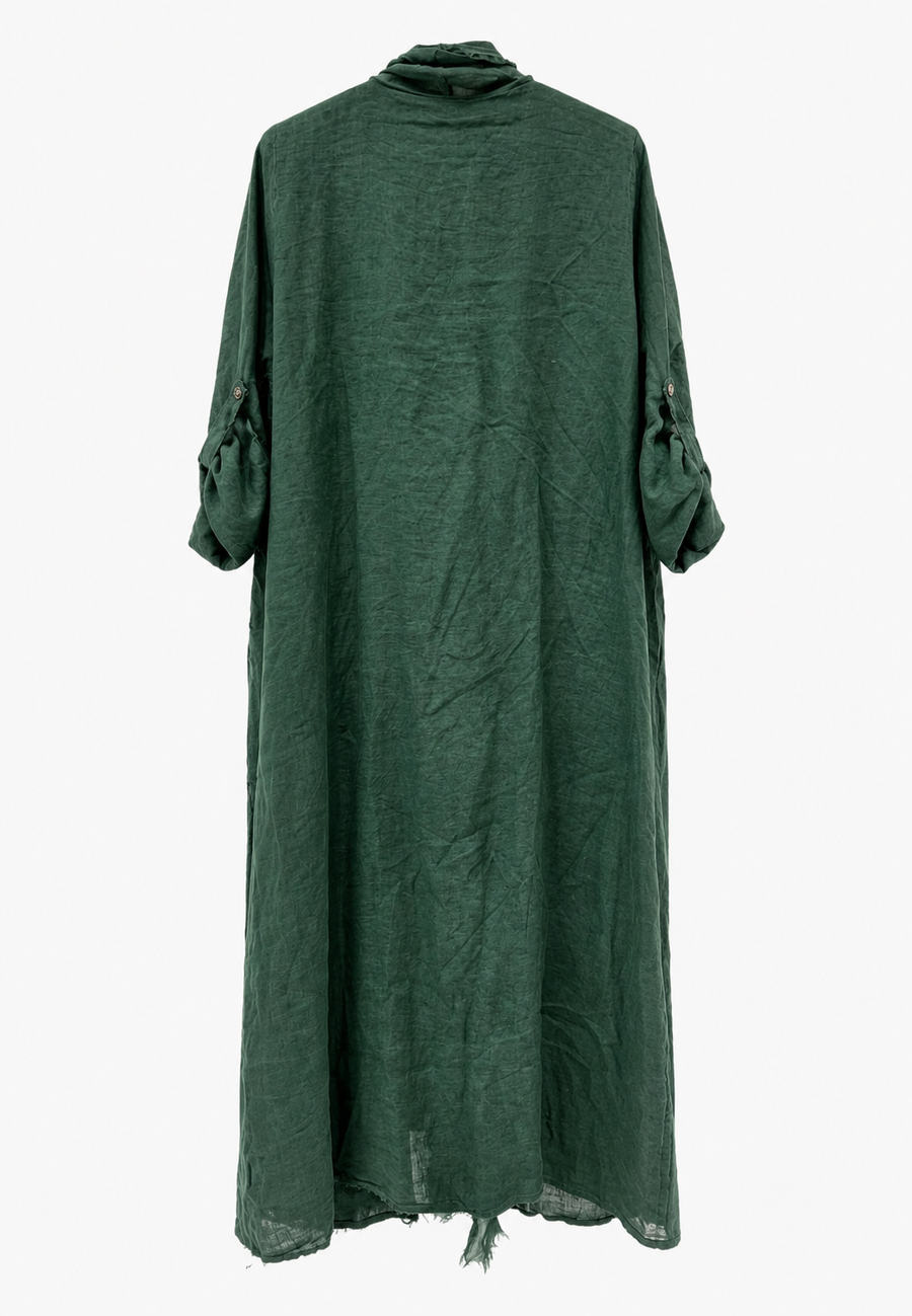 Saf Keten Uzun Kaftan Yeşil