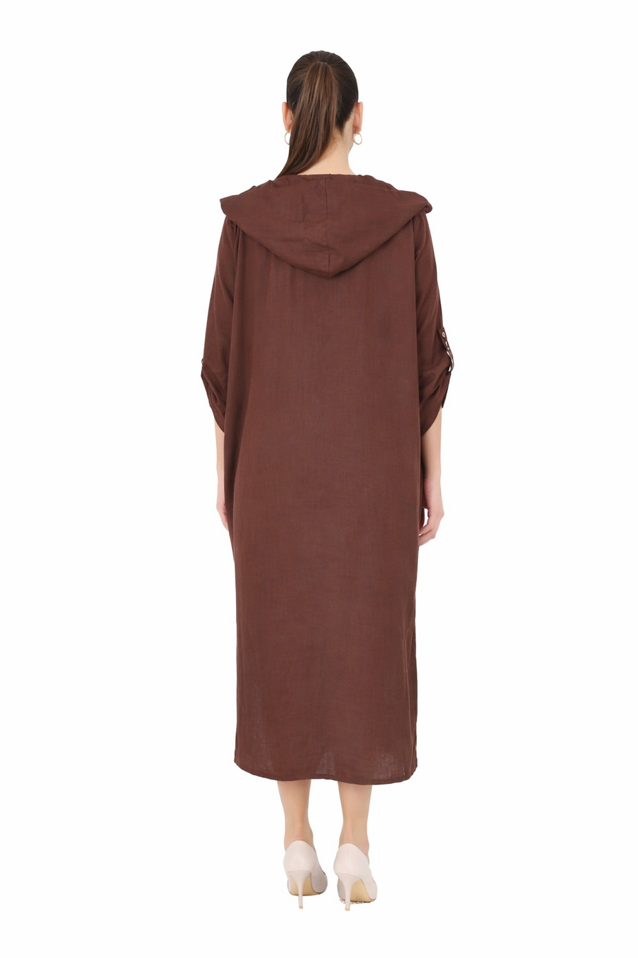 Kapüşonlu Keten Elbise- Açık Kahve