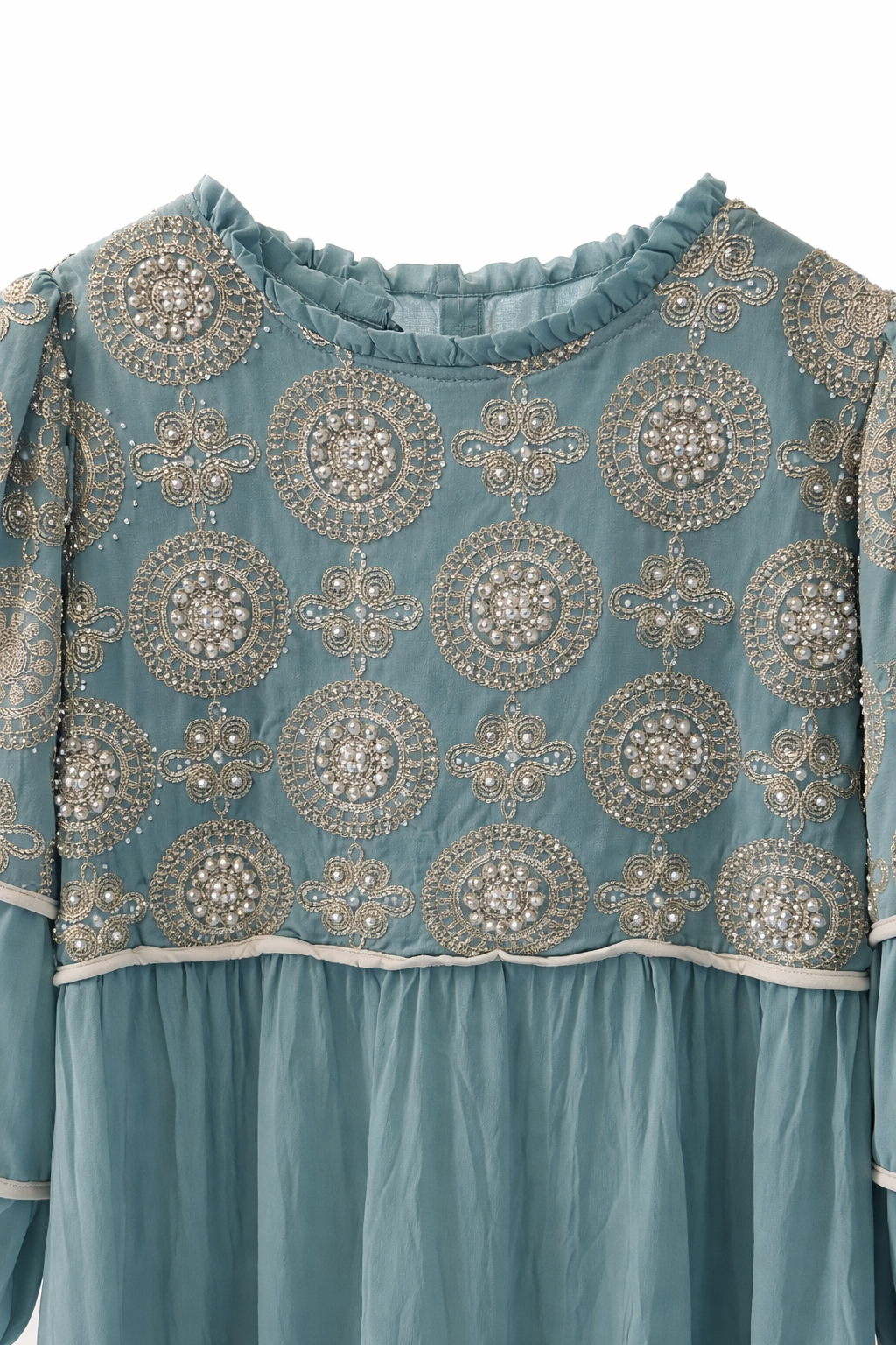 Dantel İnci İşlemeli Katlı Maksi Elbise-Mint