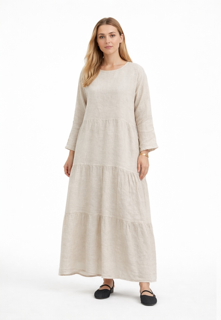 Katlı Uzun Keten Elbise- Krem