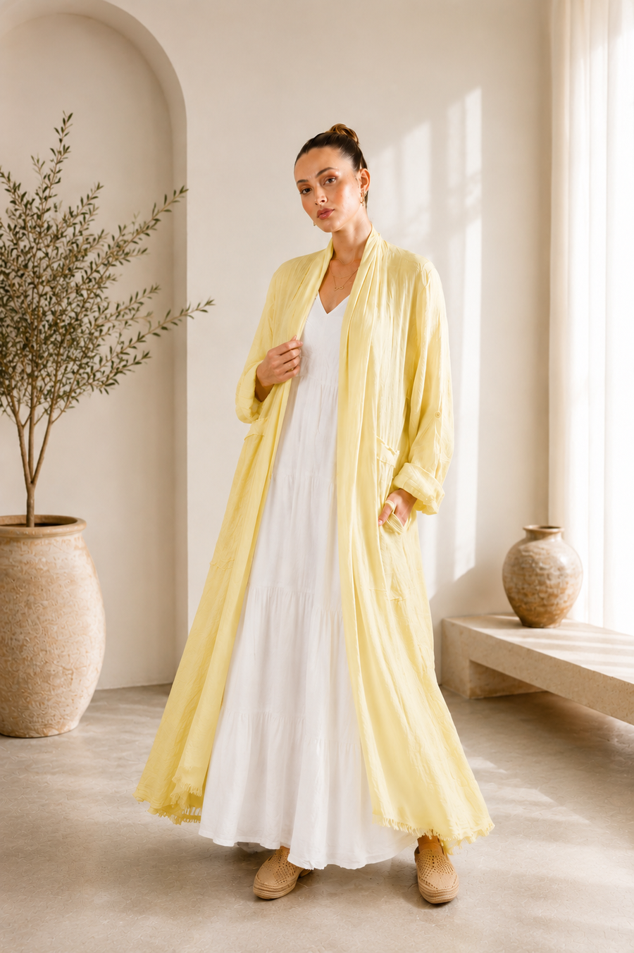 Saf Keten Uzun Kaftan Limon Sarısı