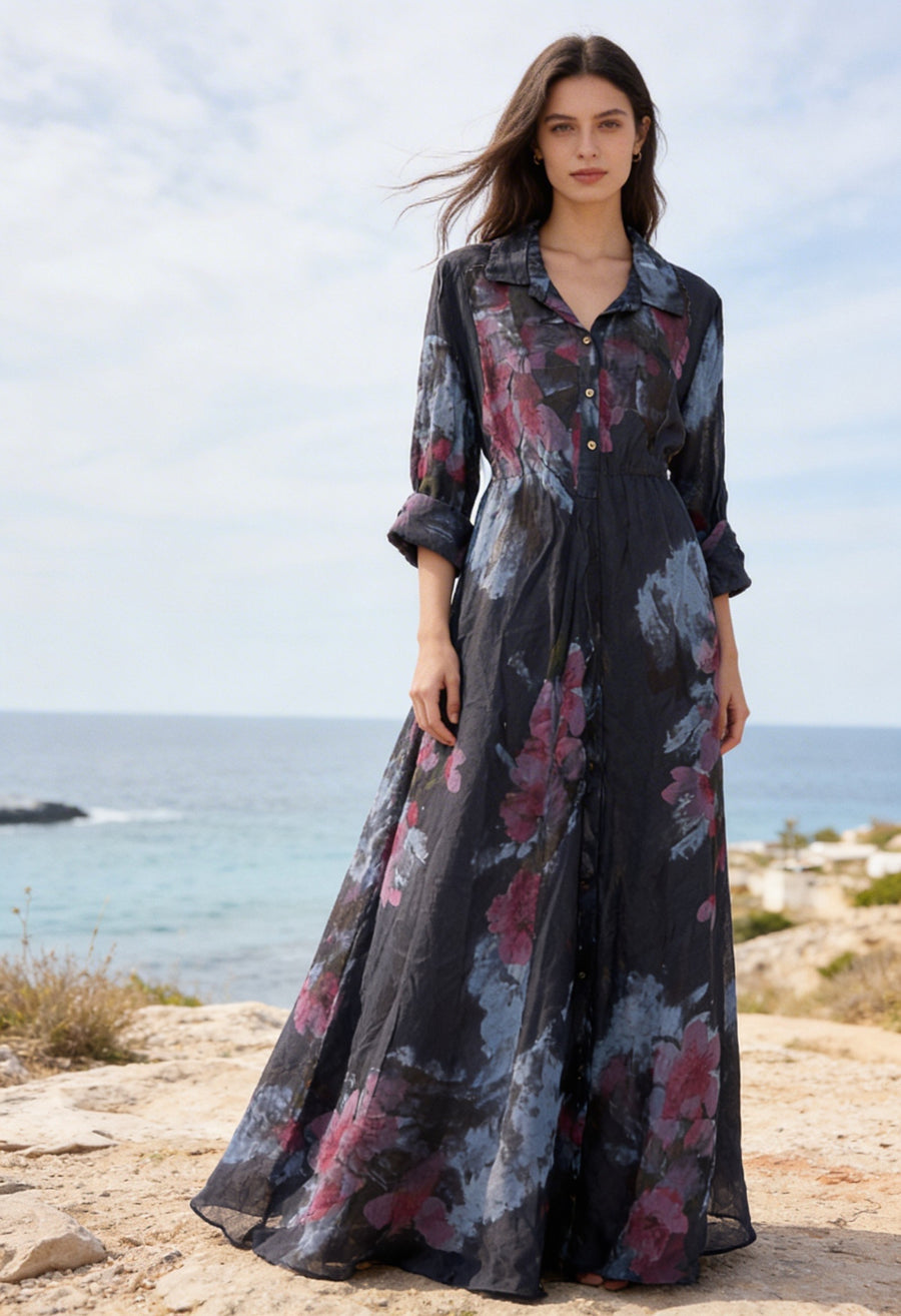 Flora Linen Lacivert Uzun Elbise