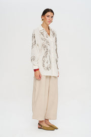 Oversize Nakışlı Keten Gömlek-RS34760