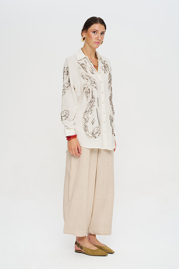Oversize Nakışlı Keten Gömlek-RS34760