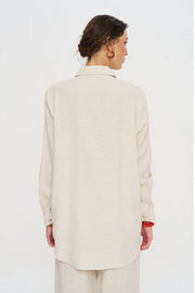 Oversize Nakışlı Keten Gömlek-RS34660