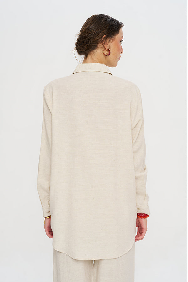 Oversize Nakışlı Keten Gömlek-RS34660