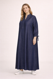 Lacivert Denim Dokulu Elbise-1602