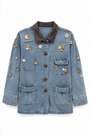 Çiçek İşleme Deri Detaylı Denim Ceket