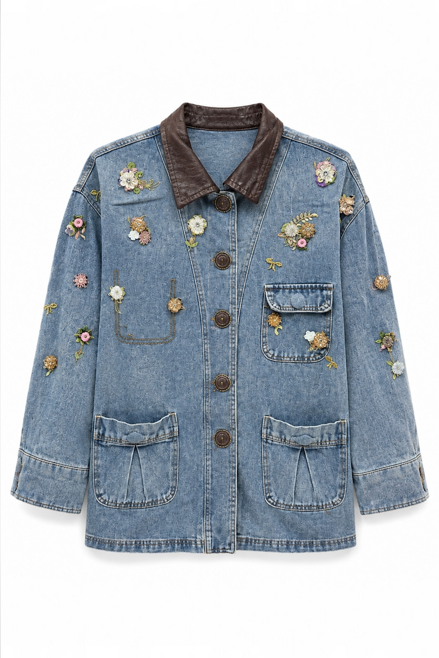 Çiçek İşleme Deri Detaylı Denim Ceket