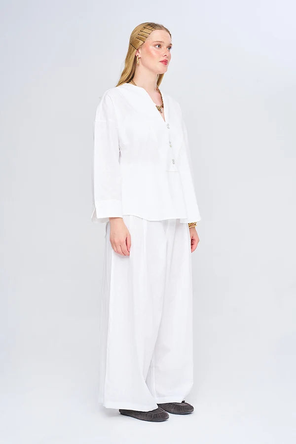 Keten Karışımlı V Yaka Bluz Ecru-RS34982