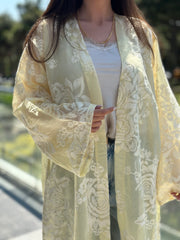 Whisper Dantel Çiçek Desenli Kuşaklı Kimono Sarı-RS0545