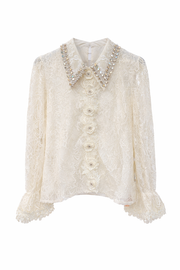 Zarif Güpür Detaylı Transparan Kollu Bluz-Krem