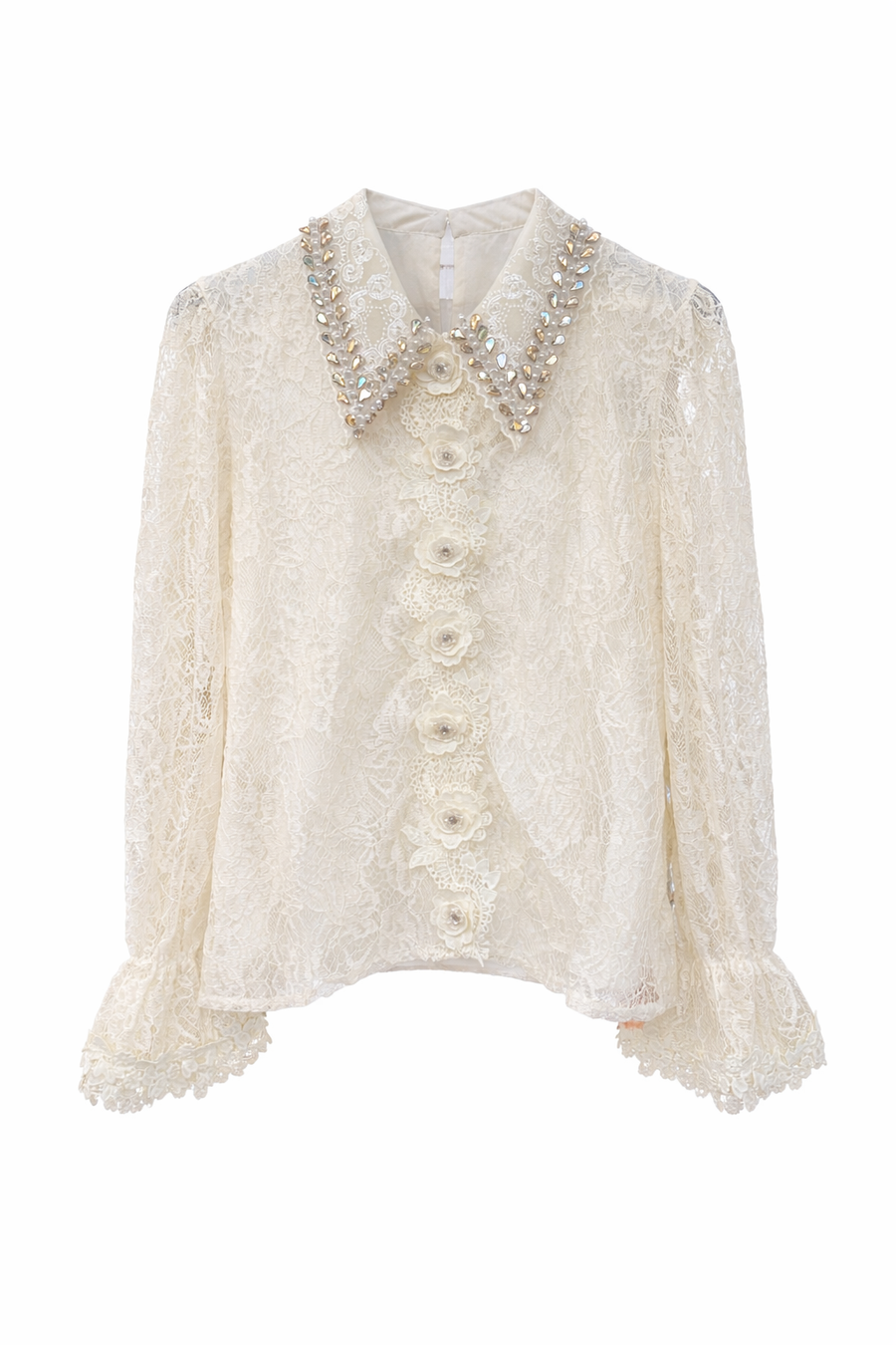 Zarif Güpür Detaylı Transparan Kollu Bluz-Krem