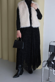 Düz Desen Kısa Kürk Yelek-Krem