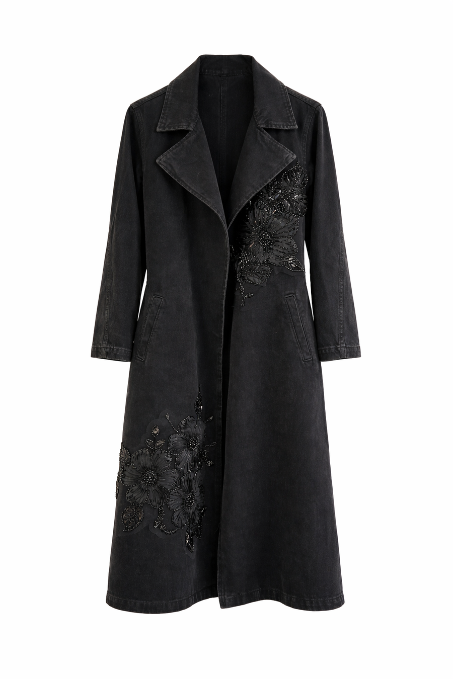 Siyah İşleme Detaylı Kot Trenç