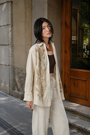 Oversize Nakışlı Keten Gömlek-RS34196