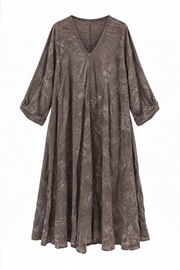 V Yaka Desenli Ham Keten Elbise Rs01636