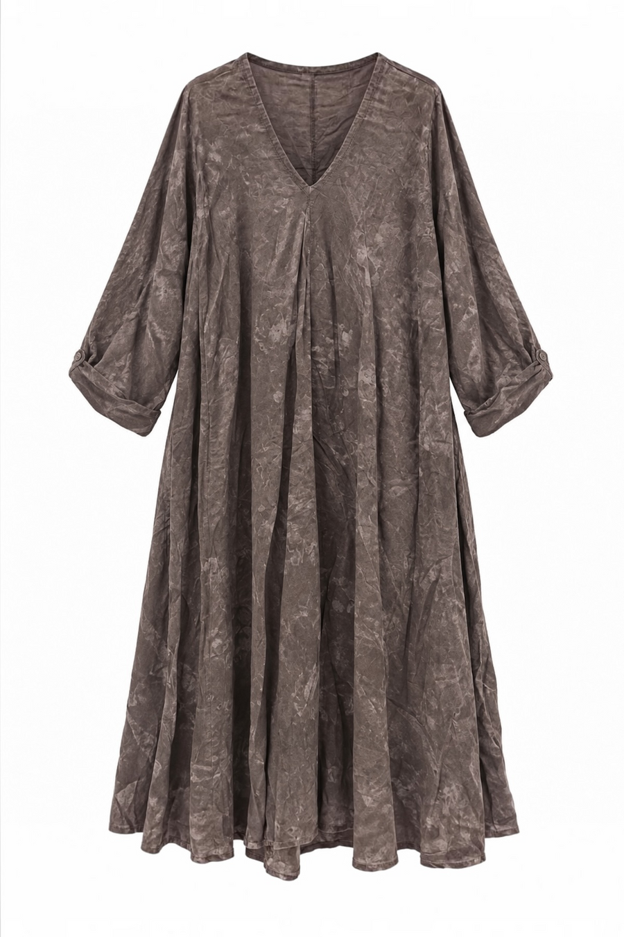 V Yaka Desenli Ham Keten Elbise Rs01636