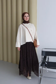 Asimetrik Uçları Dalgalı Kadife Detaylı Etek Kahve