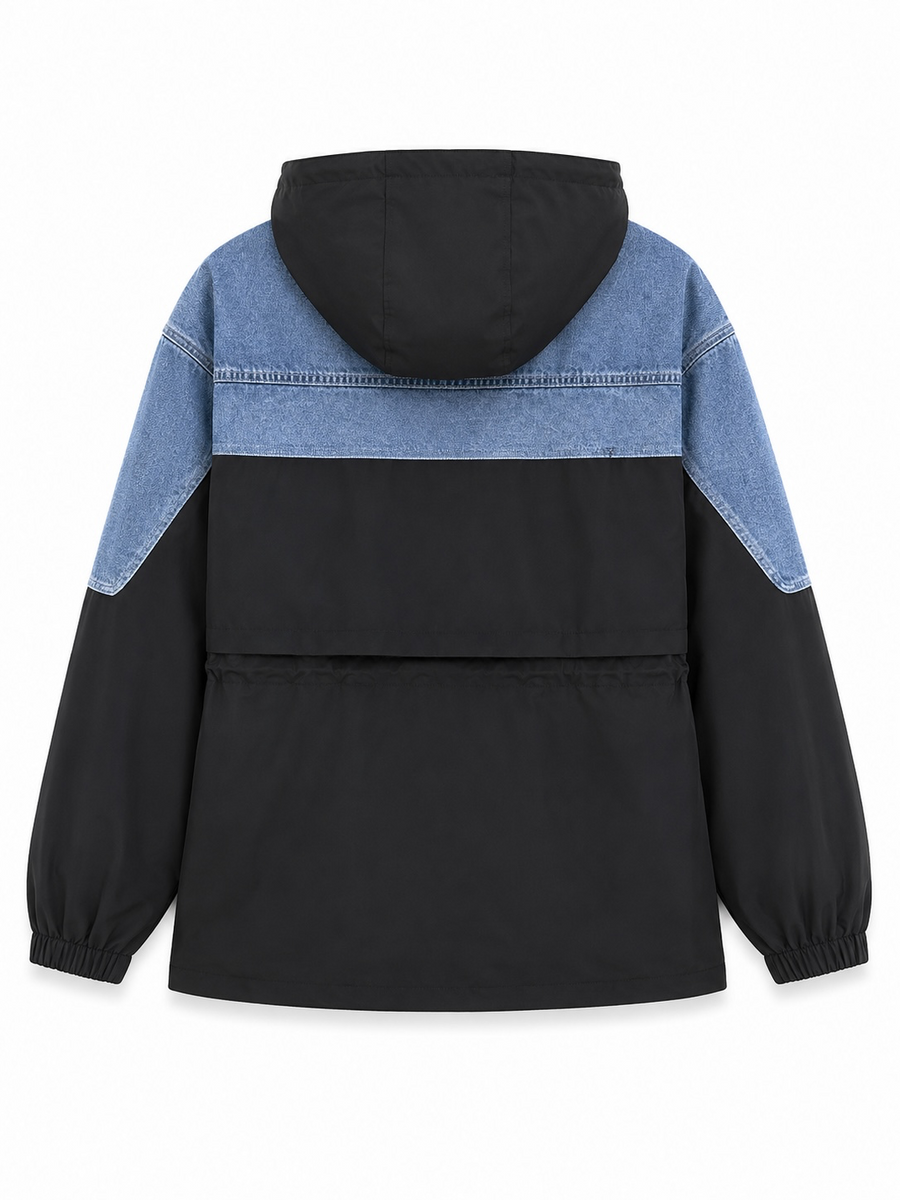 Taş İşlemeli Denim Detaylı Trenç Siyah